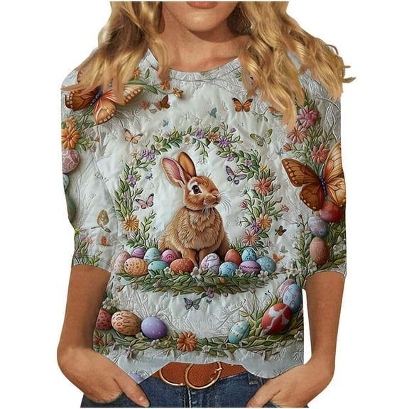 Women's Happy Easter Shirt 3/4 Sleeve Funny Tops Rabbit Graphic Colored Eggs Print Tee T-Shirts Easter Day Gifts Multicolor M