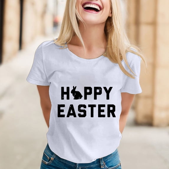 Women's Happy Easter T Shirt Funny Bunny Graphic Cool Tee Rabbit Lover T Shirt Work Shirts Women Summer Elbow Tops for Women Short Sleeve Tee Shirt Women Short Sleeve T Shirts Women Turtle Neck Ladies