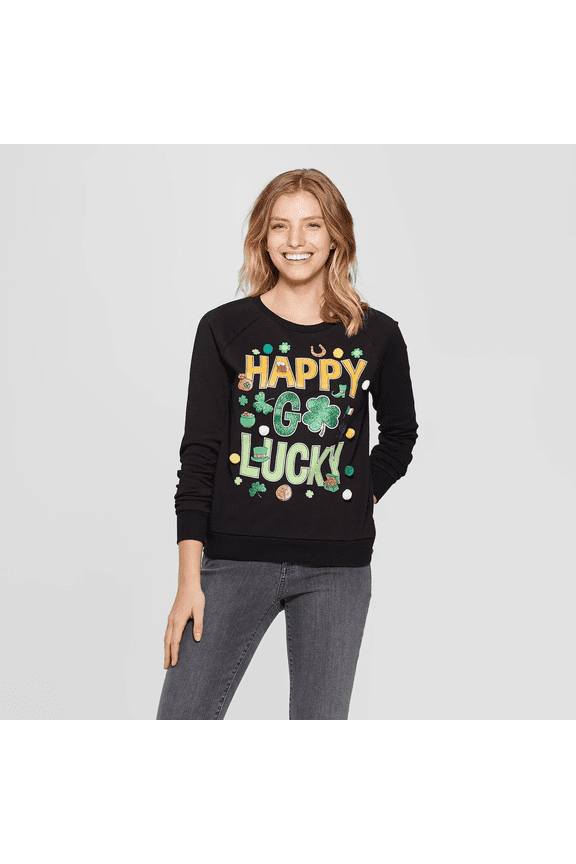 Women's Happy Go Lucky Graphic Sweater (Juniors') - Black, Medium