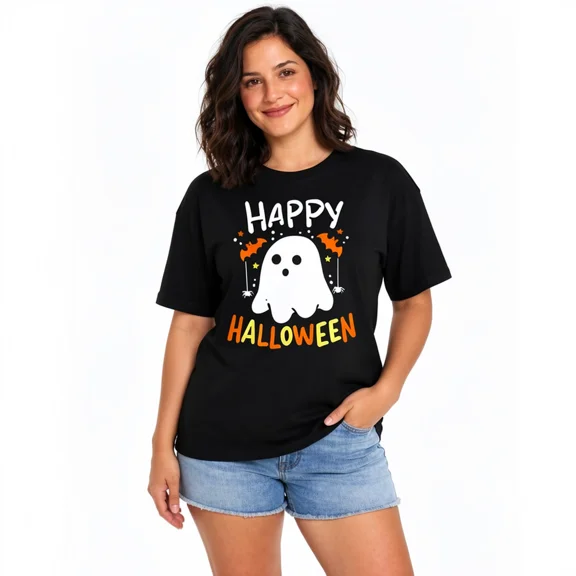 Women's Happy Halloween Ghost Graphic T-Shirt, Cute Bat Short Sleeve Tee