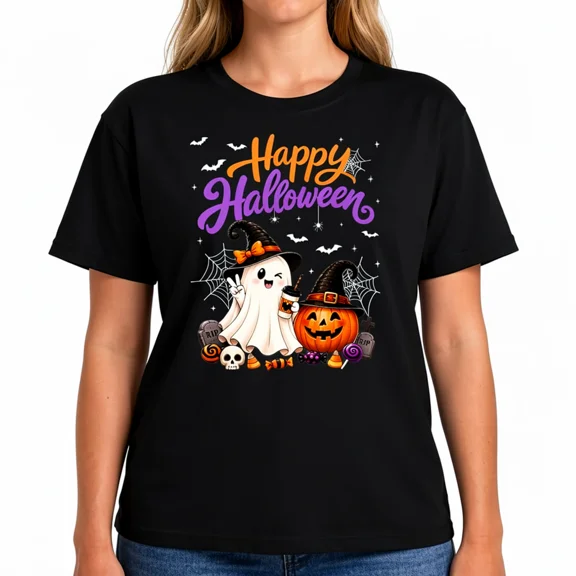 Women's Happy Halloween Ghost Pumpkin Graphic T-Shirt, Cotton Crew Neck Tee