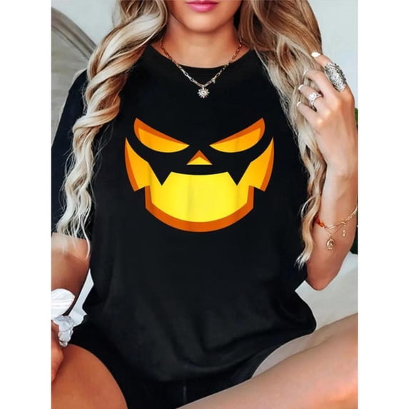 Women's Happy Halloween T-Shirt, Scary Pumpkin Face Graphic Tee,Interesting design,Classic,cotton,black,S-5XL