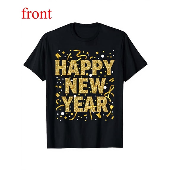 Women's Happy New Year Graphic Cotton T Shirt Casual Breathable Short Sleeve Round Neck Top Black S-5XL