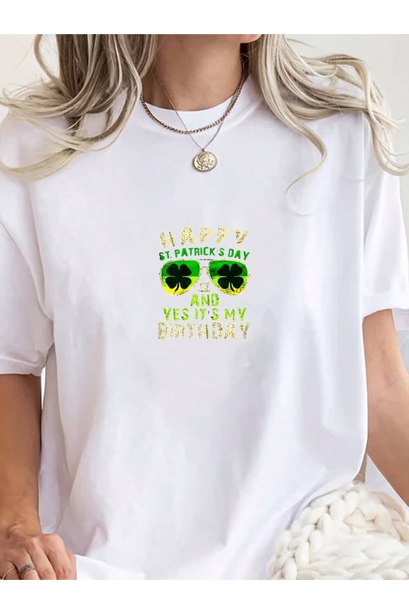 Women's Happy St. Patrick's Day Birthday Graphic T-Shirt, Shamrock Sunglasses White Short Sleeve Tee