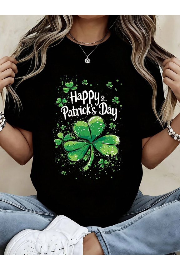 Women's Happy St. Patrick's Day Shamrock Graphic T-Shirt, Short Sleeve Casual Holiday Tee, Black