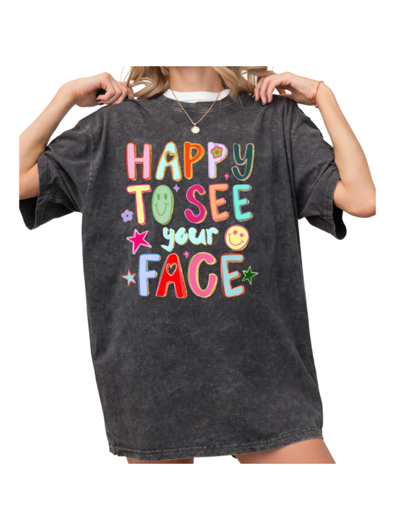 Women's Happy To See Your Face Retro Smiley Aesthetic Graphic Breathable Washed T Shirt Black S-2XL Plus Size