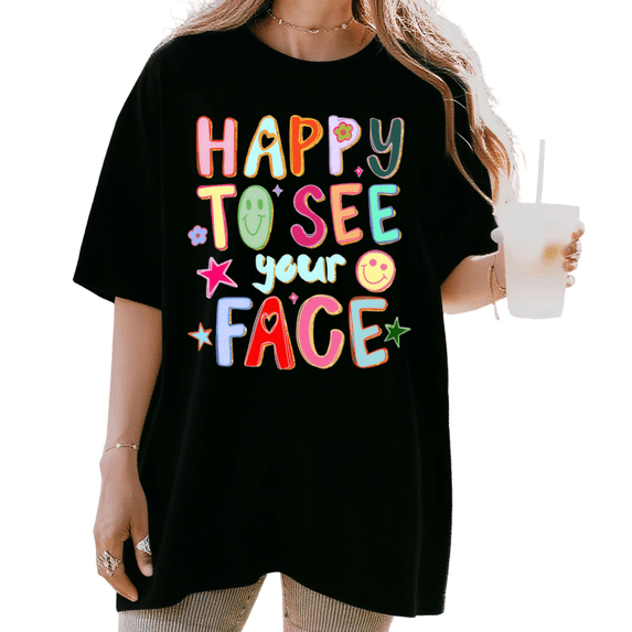 Women's Happy To See Your Face Retro Smiley Face Aesthetic Graphic T Shirt Short Sleeve Round Neck Top Black S-5XL
