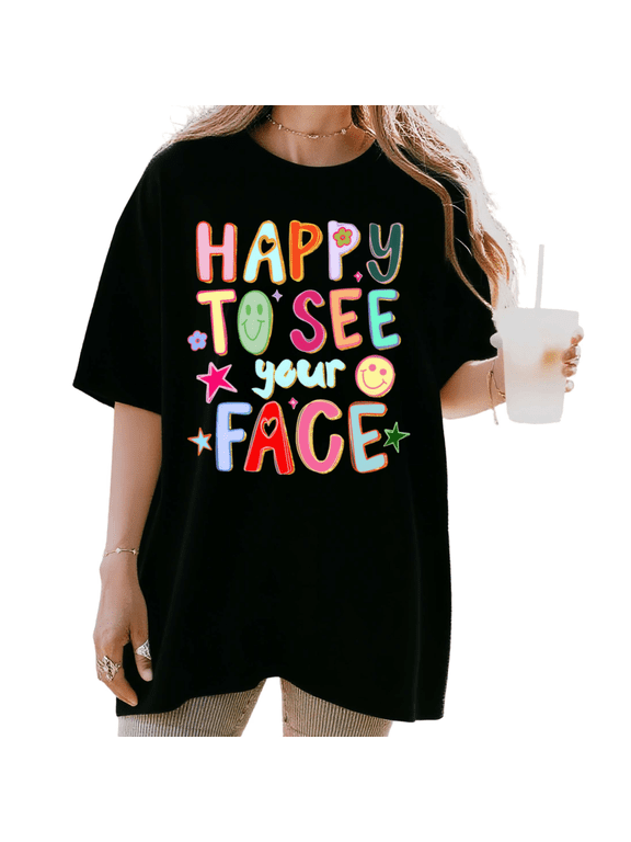 Women's Happy To See Your Face Retro Smiley Face Aesthetic Graphic T Shirt Short Sleeve Round Neck Top Black S-5XL