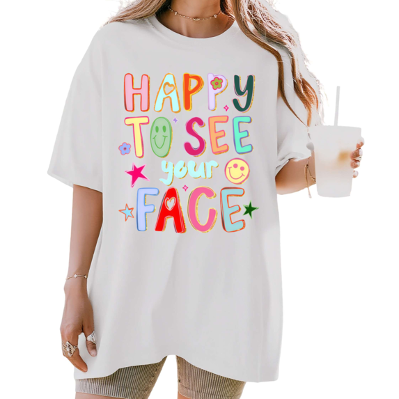Women's Happy To See Your Face Retro Smiley Face Aesthetic Graphic T Shirt Short Sleeve Round Neck Top White S-5XL