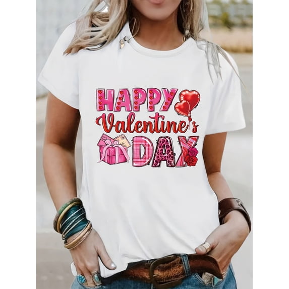 Women's "Happy Valentine's quot; T-Shirt - Festive Letter Print, Short Sleeve Crew Neck, Casual 100% Cotton Top, Machine Washable, Valentines Gifts