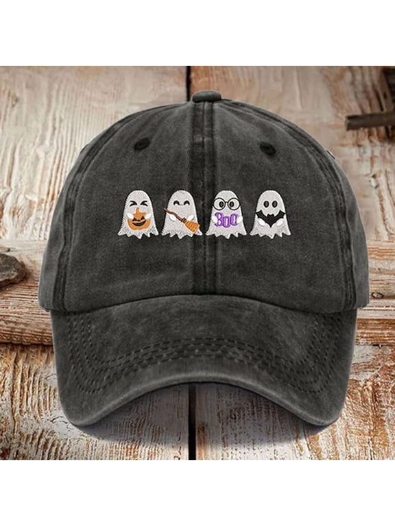 Women's Hard Top Ghost Printed Baseball Cap for Big Head Circumference, Washed Distressed Solid Color Curved Brim Cotton Halloween Cap for Running Gardening Vacation, High Crown Messy Bun Hat Black