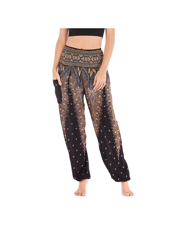 Women's Harem Boho Pants Summer Smocked Waist Loose Flowy Tapered Leg Baggy Hippie Genie Pants Gypsy Indian Bohemian Thailand Yoga Beach Pants Cinch Bottom Casual Joggers Black Small - X-Large