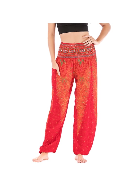 Women's Harem Boho Pants Summer Smocked Waist Loose Flowy Tapered Leg Baggy Hippie Genie Pants Gypsy Indian Bohemian Thailand Yoga Beach Pants Cinch Bottom Casual Joggers Red Small - X-Large