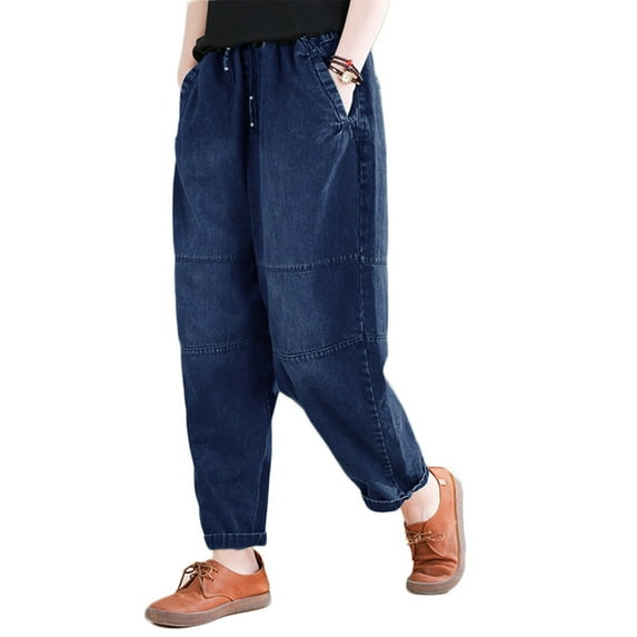 Women's Harem Cropped Pants Denim Baggy Elastic Waist Pull-on Jeans Navy XL