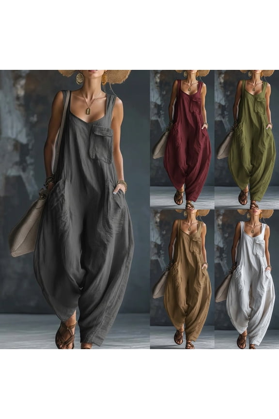 Women's Harem Jumpsuit V Neck Sleeveless Harem Overalls Stretchy Adjustable Strap Romper with Pockets Light Gray S