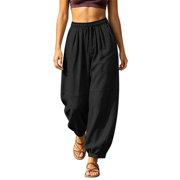 Women's Harem Pants Lightweight Loose Fit Drawstring Waist Side Pockets Cuffed Ankle Casual Summer Lounge Trousers, 2XL
