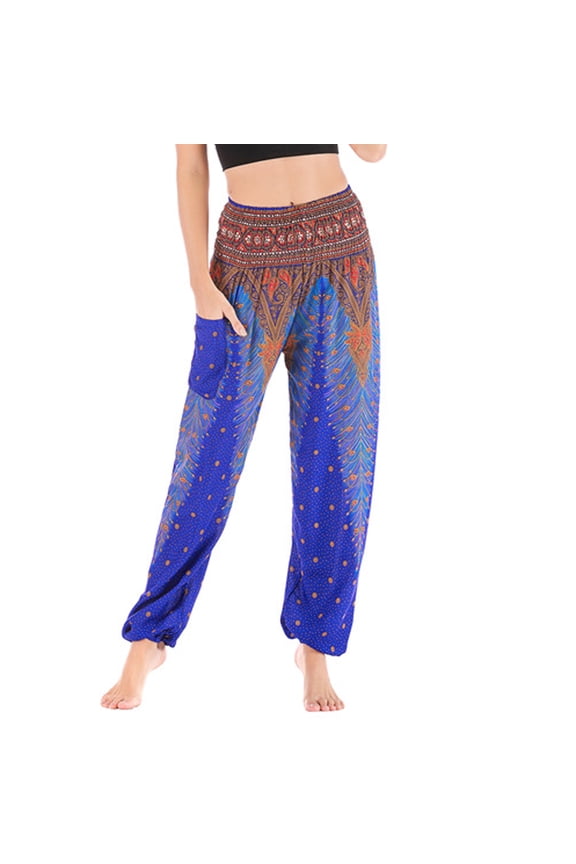 Women's Harem Pants, Women Yoga Boho Pants Vintage Printed Hippie Palazzo Pants High Waisted Drawstring Trousers