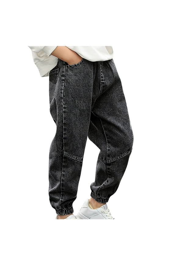 Boys Cargo Jeans Kids Pull on Elastic Waist Jogger Denim Pants Casual Trousers with Pockets 2-14 Years