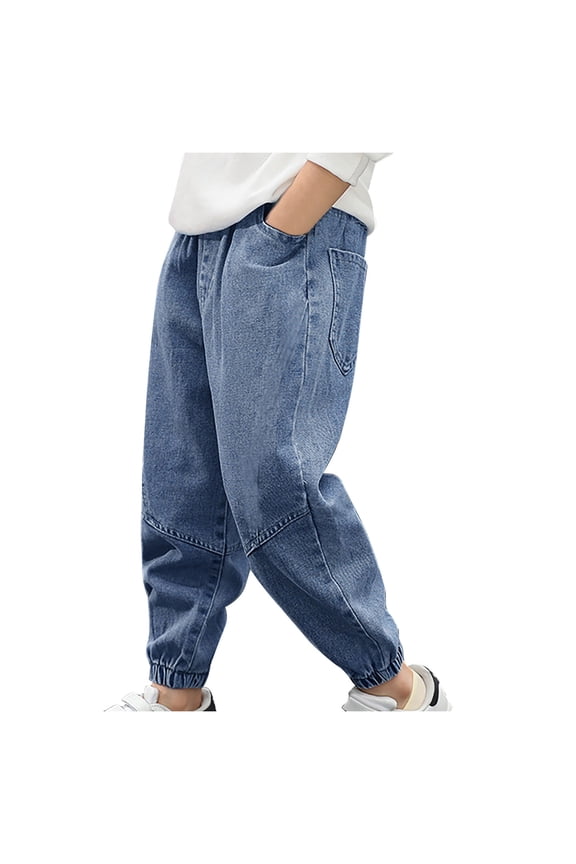Boys Cargo Jeans Kids Pull on Elastic Waist Jogger Denim Pants Casual Trousers with Pockets 2-14 Years