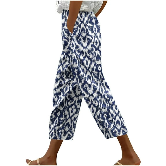 Women's Harlan Cropped Pants Casual Loose Straight Trousers Fashion Printing Lace Up Capris Pants with Drawstring and Pockets