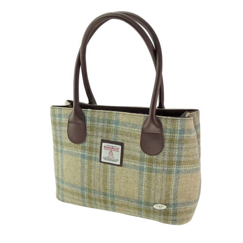 Women's Harris Tweed "Cassley" Wool Handbag - Tartan Scottish Tote Bag in Beige Stewart