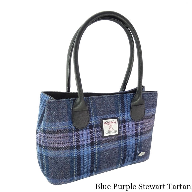 Women's Harris Tweed "Cassley" Wool Handbag - Tartan Scottish Tote Bag in Blue & Purple Stewart Tartan