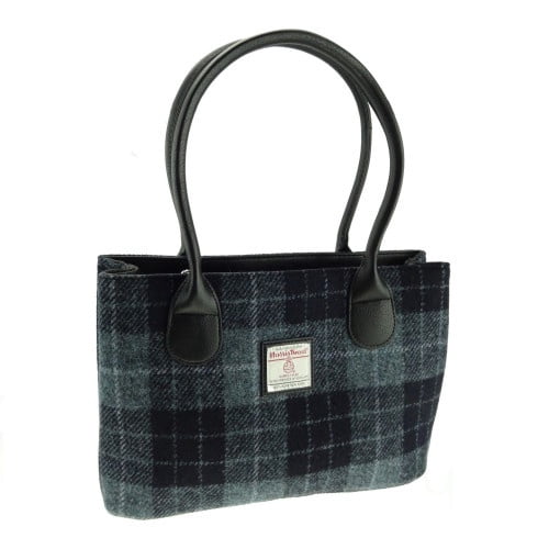 Women's Harris Tweed "Cassley" Wool Handbag - Tartan Scottish Tote Bag in Grey/Black Tartan