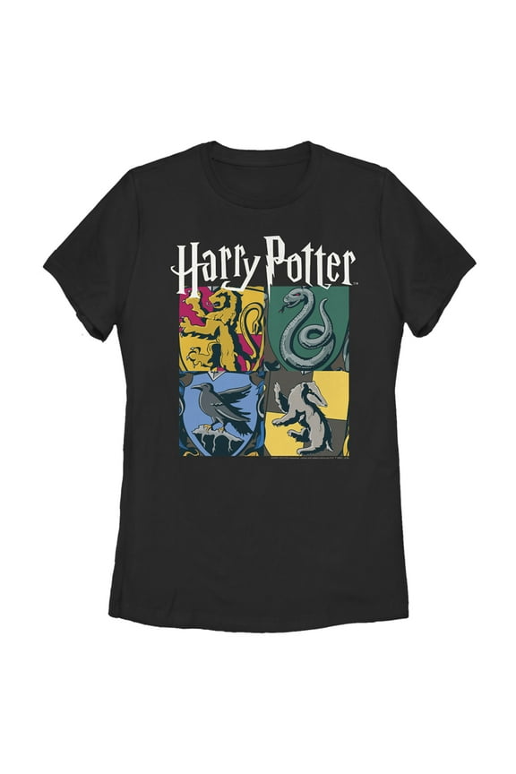 Women's Harry Potter Hogwarts Houses Vintage Collage  Graphic Tee Black Small