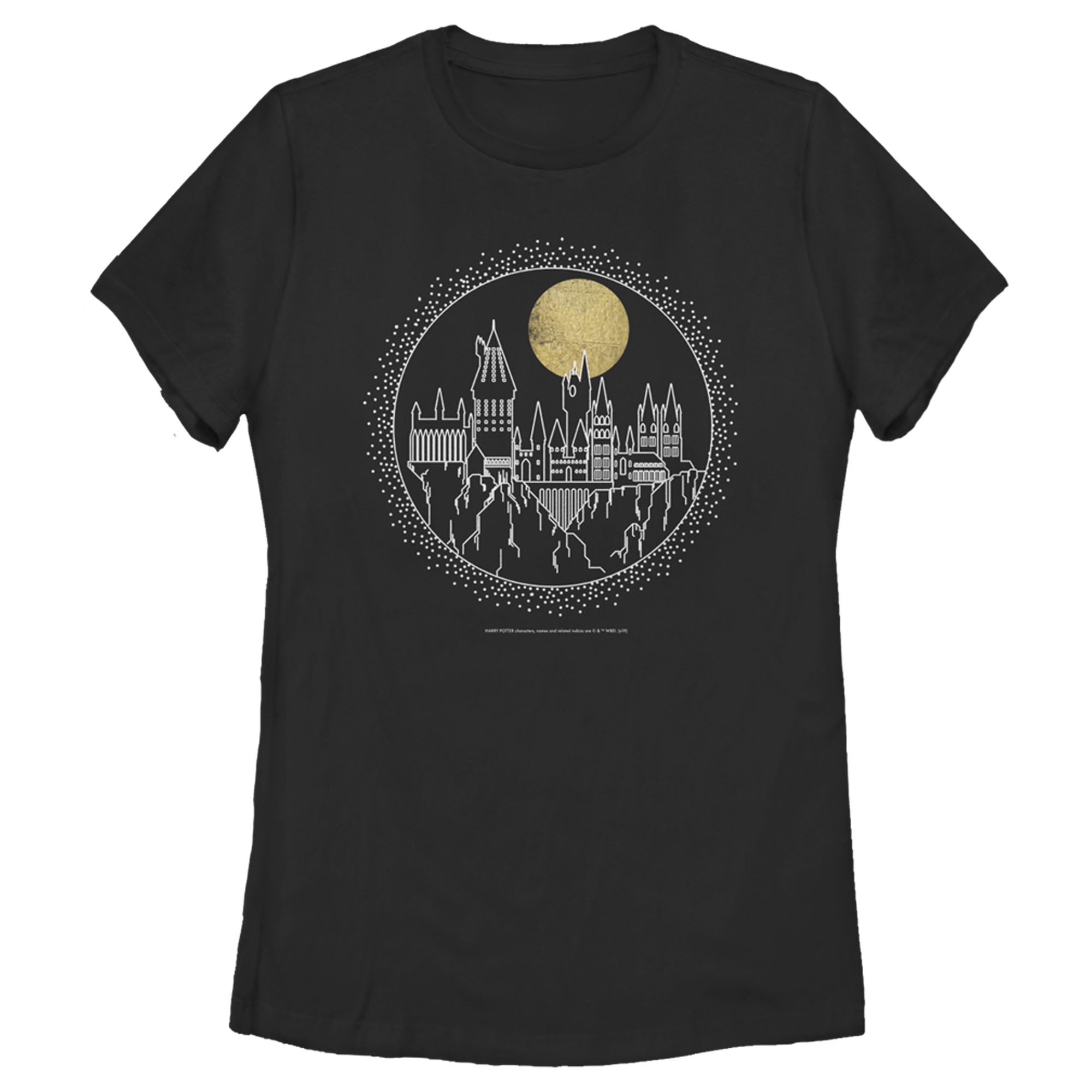 Women\'s Harry Potter Black Tee Large Art Hogwarts Moonrise Line Graphic
