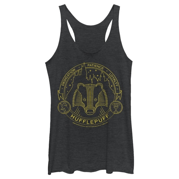 Women's Harry Potter Hufflepuff House Emblem Racerback Tank Top Black Heather Large