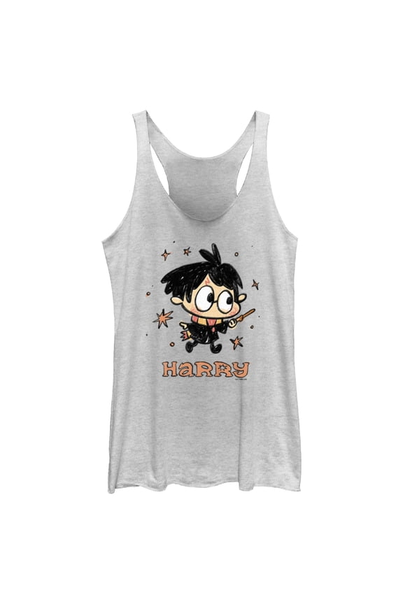 Women's Harry Potter Starry Cartoon Harry Racerback Tank Top White Heather X Large
