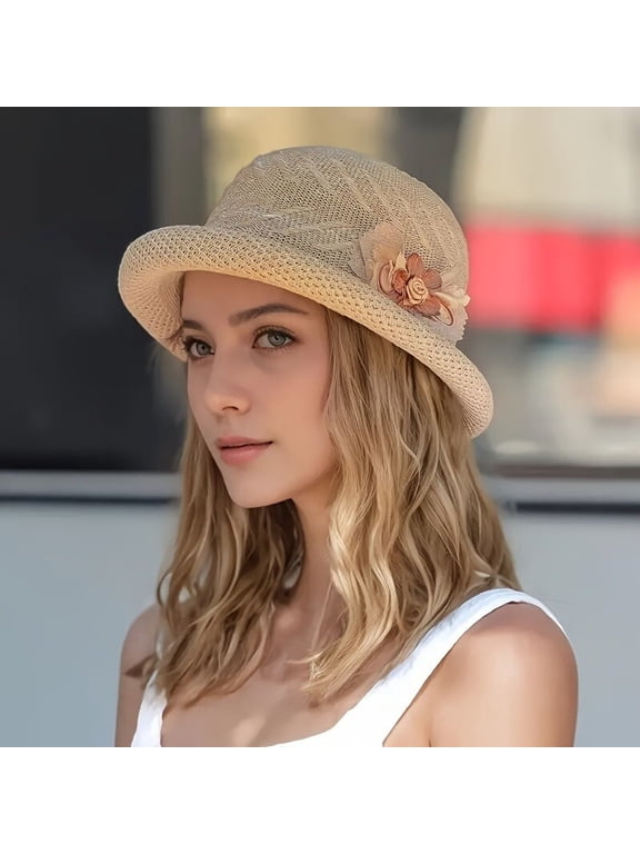 Women's Hat Elegant Braided Edge Straw Hat, Summer Outdoor Sun Hat Sunshade-KI