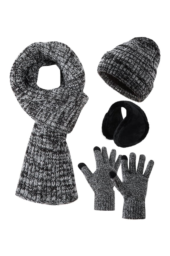 Women's Hat Gloves Scarf Set Winter Warm Knitted Hats Scarf Gloves Earmuff 4PCS Set One Size Light Gray