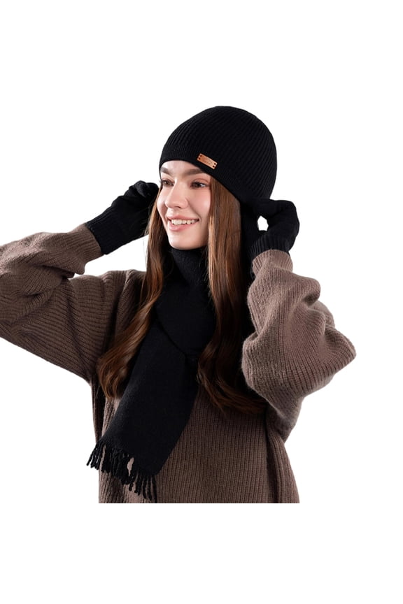 Women's Hat Scarf Gloves Three-Piece Set Winter Gift Warm Knit Skull Caps Long Scarf Touch Screen Gloves Black