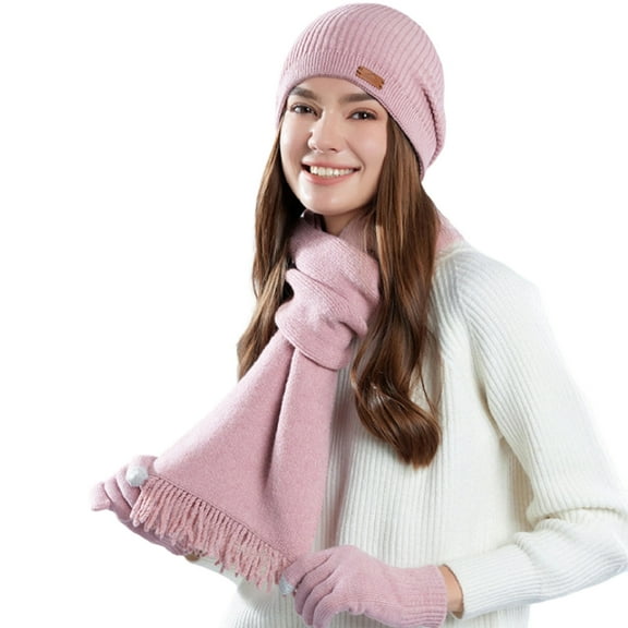 Women's Hat Scarf Gloves Three-Piece Set Winter Gift Warm Knit Skull Caps Long Scarf Touch Screen Gloves Pink