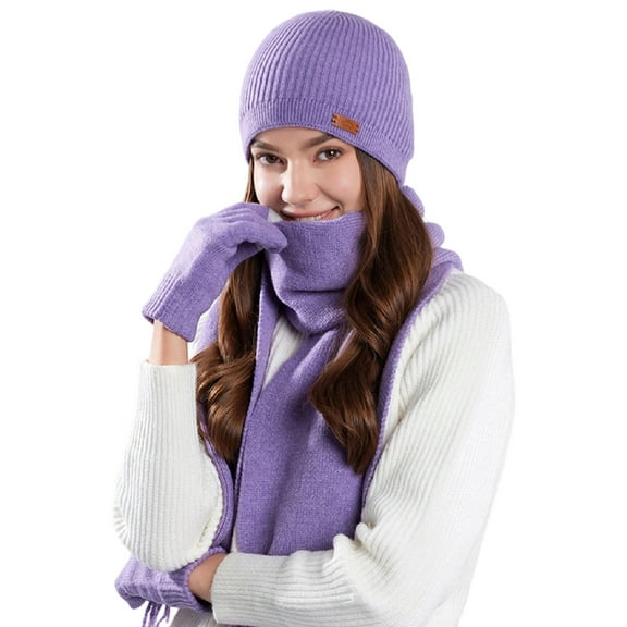 Women's Hat Scarf Gloves Three-Piece Set Winter Gift Warm Knit Skull Caps Long Scarf Touch Screen Gloves Purple