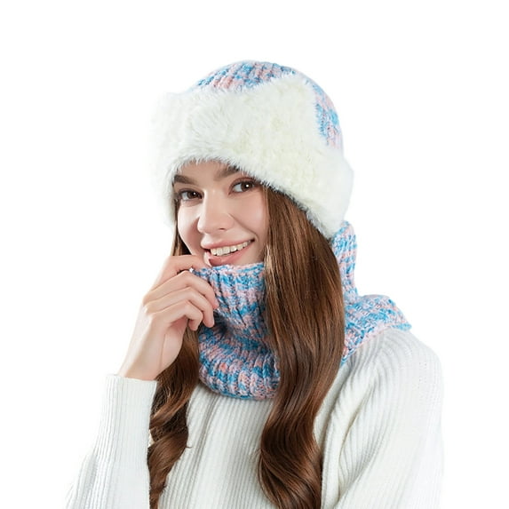Women's Hat Scarf Two-Piece Set Cute Cuffed Beanie Thick Fleece Lined Circle Scarf Pink