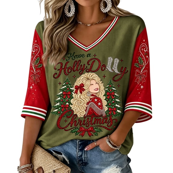 Women's Have A Holly Dolly Christmas Memorial Shirt Graphic 3/4 Sleeve V Neck Pullover Country Singer T-Shirt for Vintage Country Music Tribute,(M)