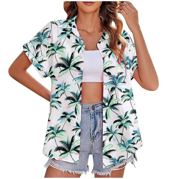 Women's Hawaiian Button Down Shirts Casual Short Sleeve Floral Tropical Print Summer Blouse Tunic Top