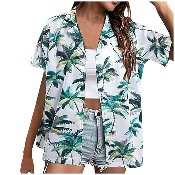 Women's Hawaiian Button-up Shirt Casual Short Sleeve Floral Tropical Print Summer Shirt Summer Dresses for Women 2024 Mothers Day Gifts for Women Womens Tops