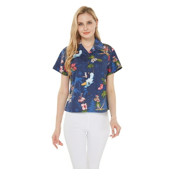 Women's Hawaiian Lady Aloha Shirt in Christmas Santa in Hawaii Navy M
