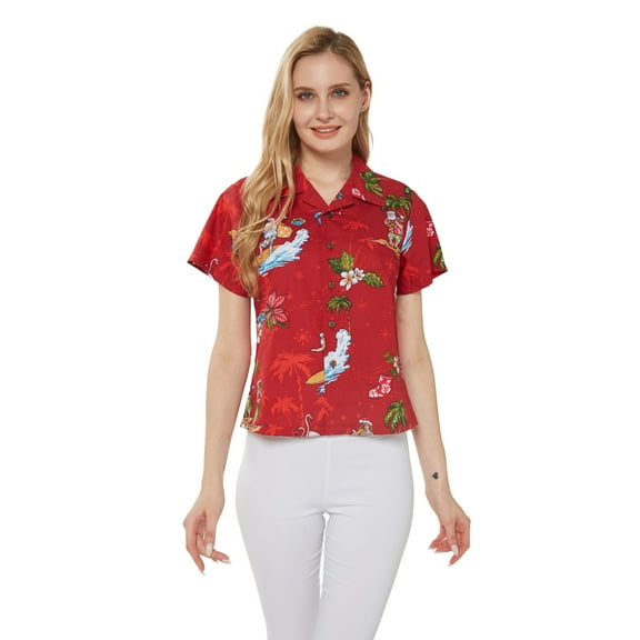 Women's Hawaiian Lady Aloha Shirt in Christmas Santa in Hawaii Red M