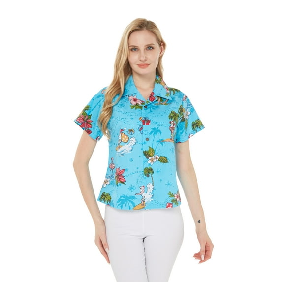 Women's Hawaiian Lady Aloha Shirt in Christmas Santa in Hawaii Turquoise S