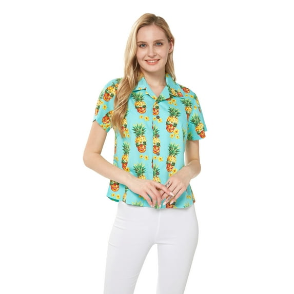 Women's Hawaiian Lady Aloha Shirt in Pineapple with Glasses in Turquoise XL