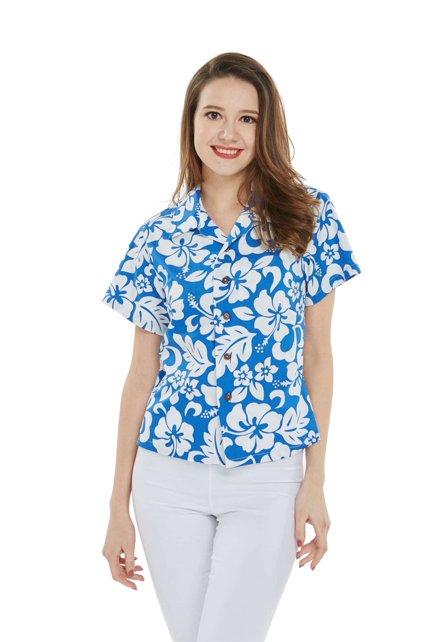 Women's Hawaiian Lady Aloha Shirt in Vintage CLassic Blue Hibiscus M