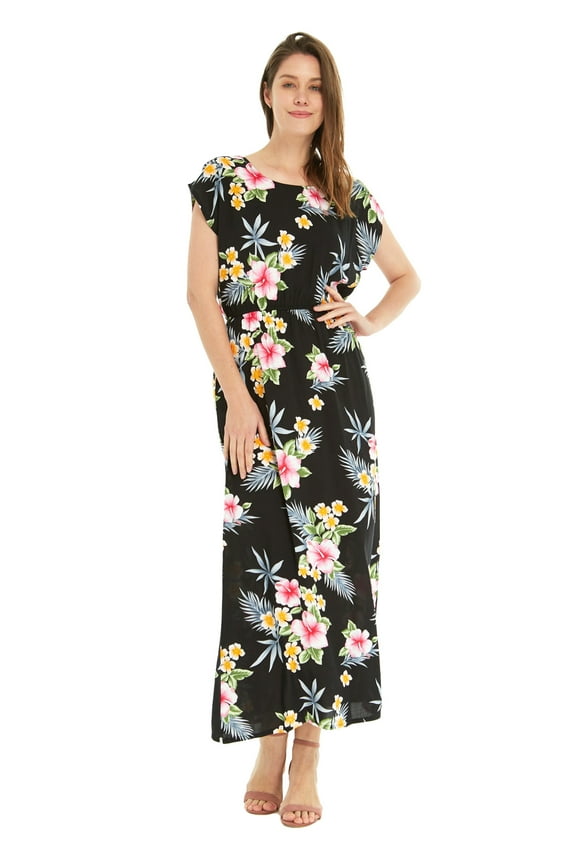 Women's Hawaiian Luau Cap Sleeve Maxi Simple Dress in Hibiscus