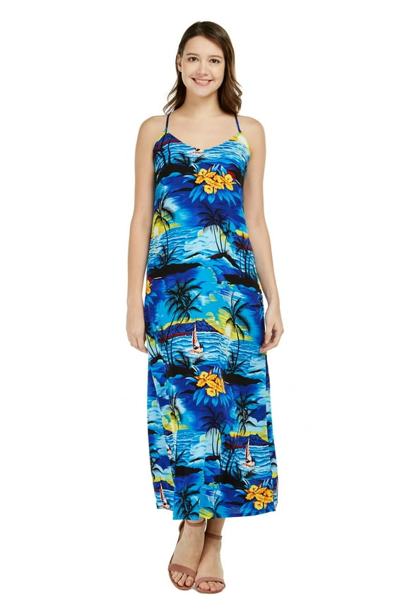 Women's Hawaiian Luau Floral Print Maxi Sweetheart Dress S Sunset Blue
