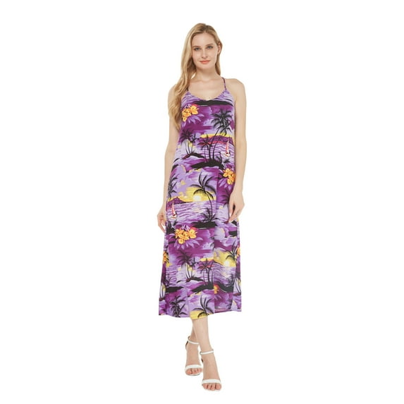 Women's Hawaiian Luau Floral Print Maxi Sweetheart Dress S Sunset Purple