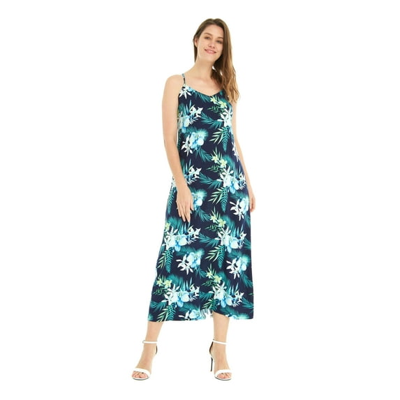 Women's Hawaiian Luau Floral Print Maxi Sweetheart Dress XL Orchid Breeze Navy