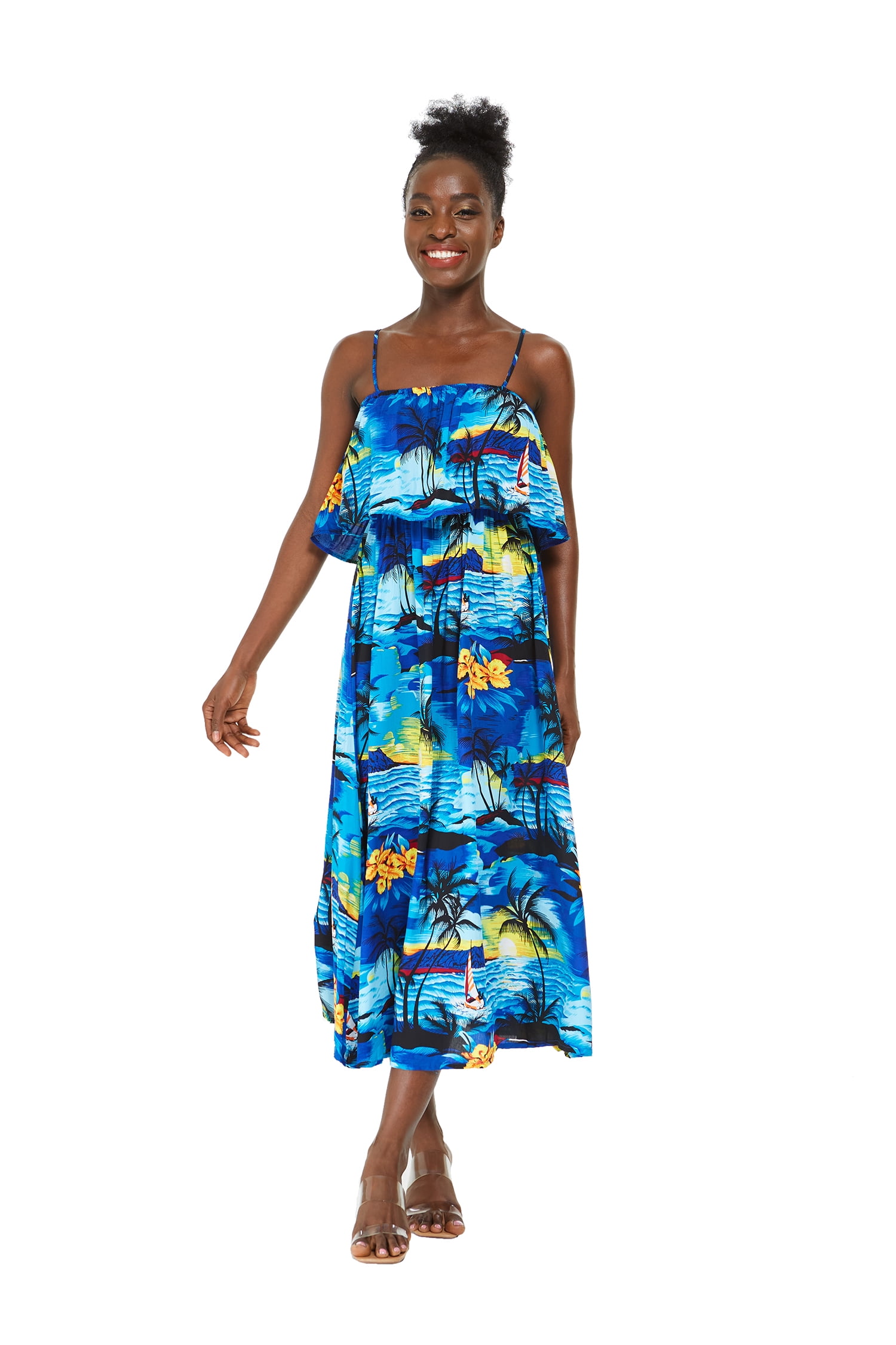 Women s Hawaiian Maxi Ruffle Luau Dress Plus Size Blue Sunset Walmart